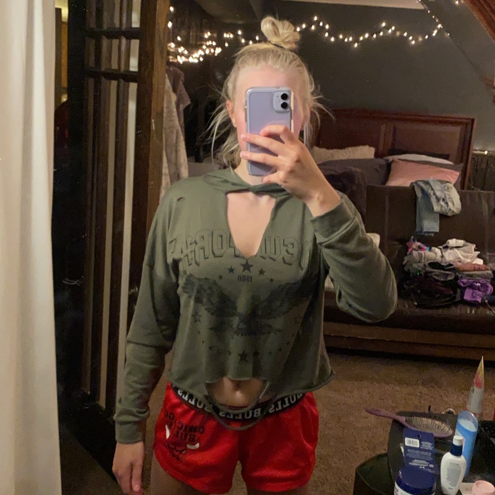 olive green cropped ripped & cut-out sweatshirt